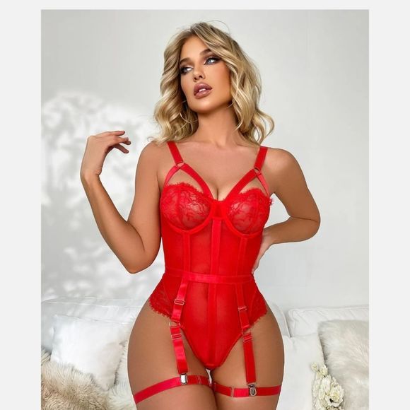 Women Eyelash Lace Trim Teddy Sexy-Lingerie One Piece Bodysuit with Thigh Straps - Picture 8 of 8